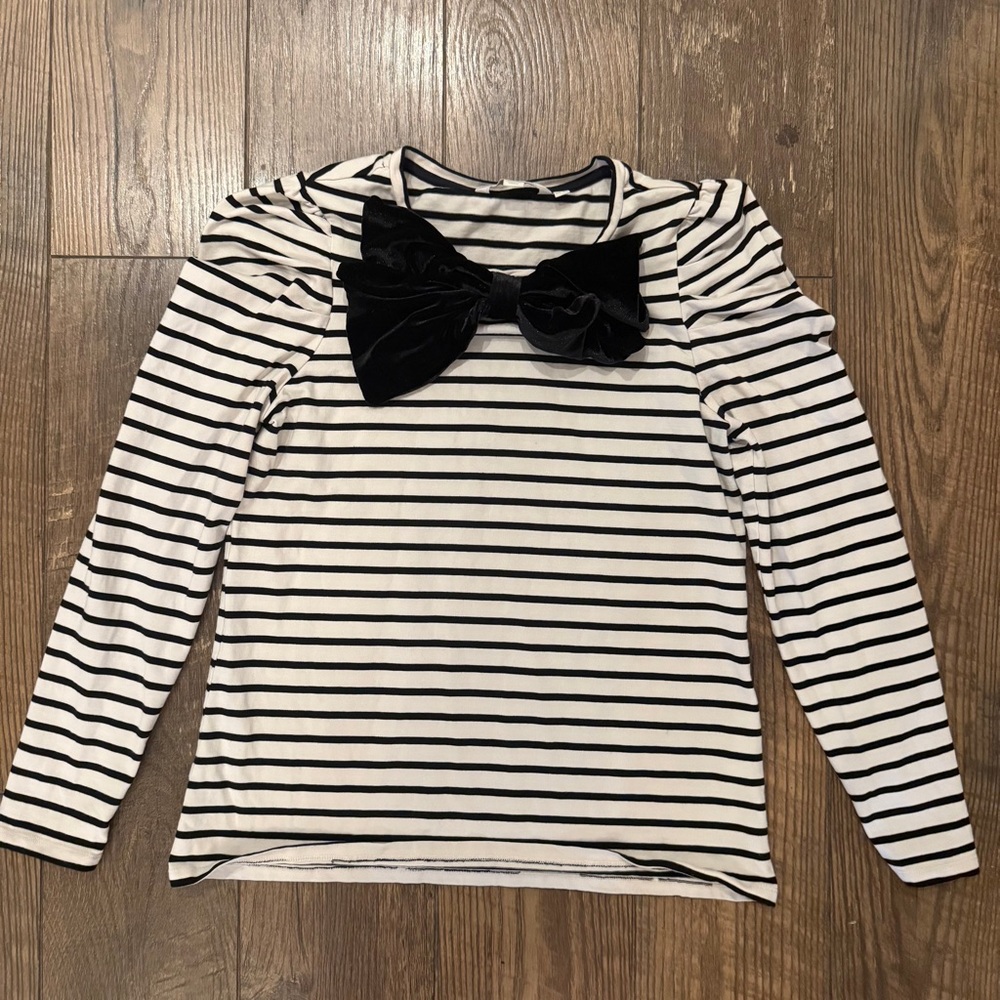 Boden Womens 8 Black White Stripped Blouse with‎ a Black Bow Long Sleeve